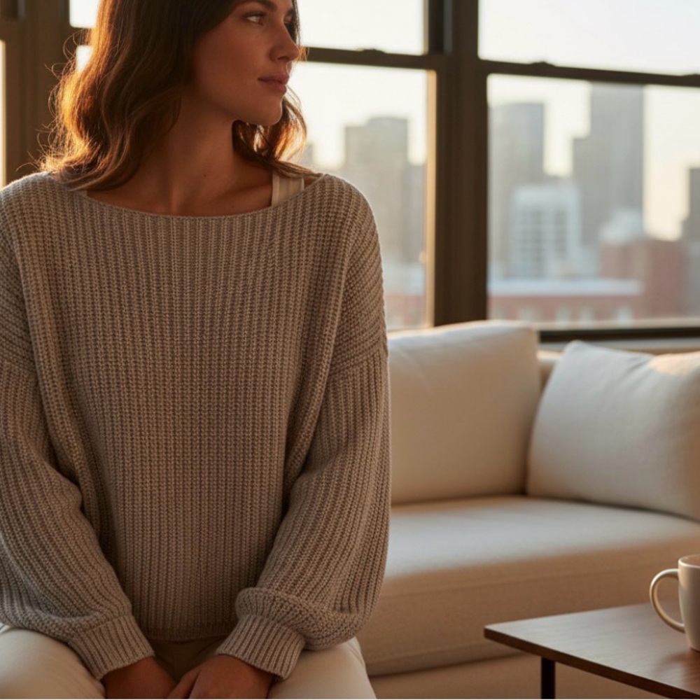 French Connection Cropped Cozy Light Blue Knit Sweater. 100% Cotton. Size Medium - Picture 2 of 9